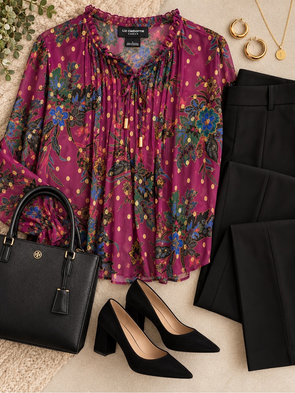 Liz Claiborne Magenta Floral Ruffle-Neck Blouse